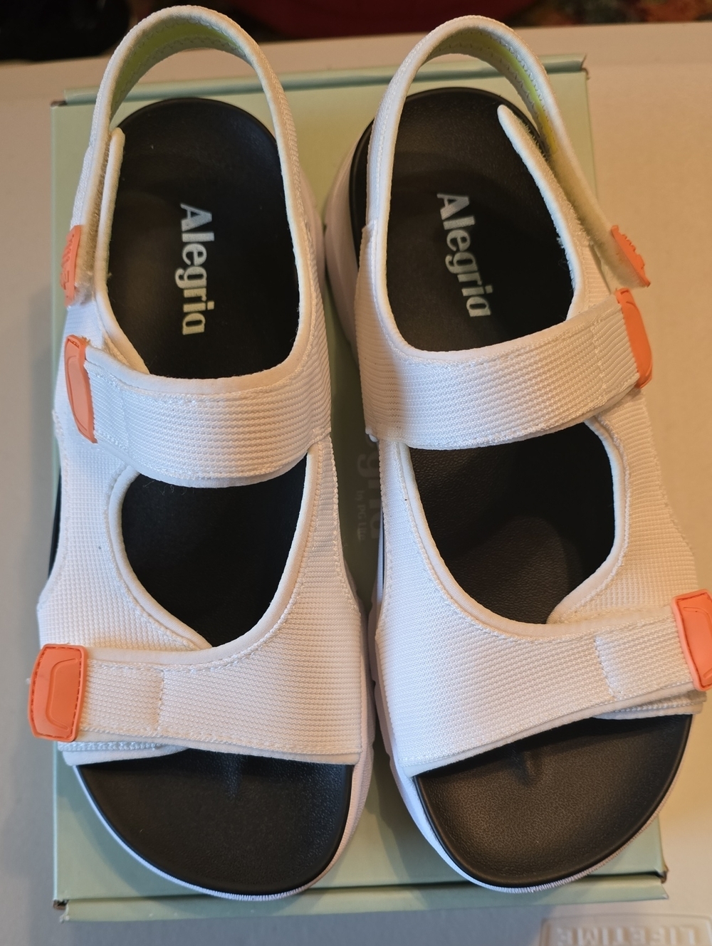 Alegria Womens White Sandals with Coral Accents